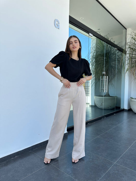 BLUSA NEGRA CUELLO REDONDO MANGA BOMBACHA
