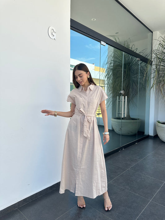 VESTIDO DE LINO CON LISTON EN CINTURA